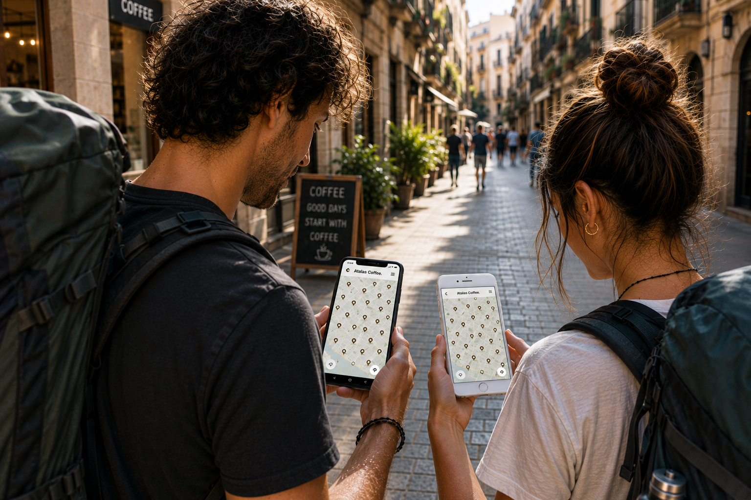 Pareja buscando el camino con Atlas Coffee por una calle de Barcelona