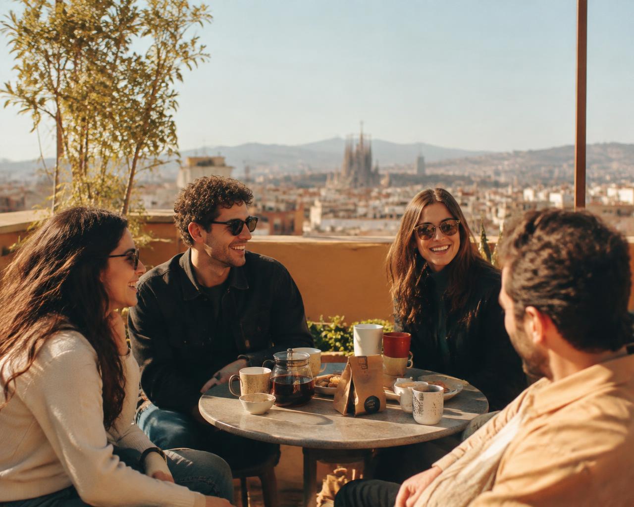 Amigos compartiendo café de especialidad en una terraza de Barcelona